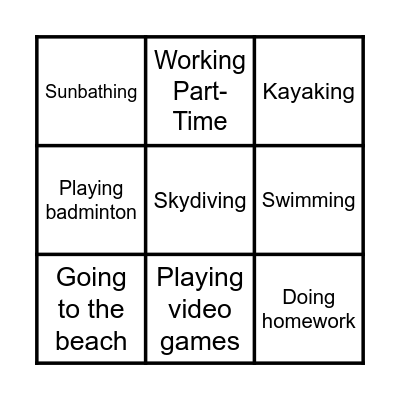 Summertime Activities Bingo Card