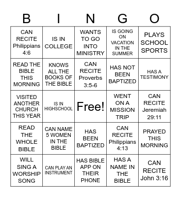 HUMAN BINGO (YOUTH GROUP EDITION) Bingo Card