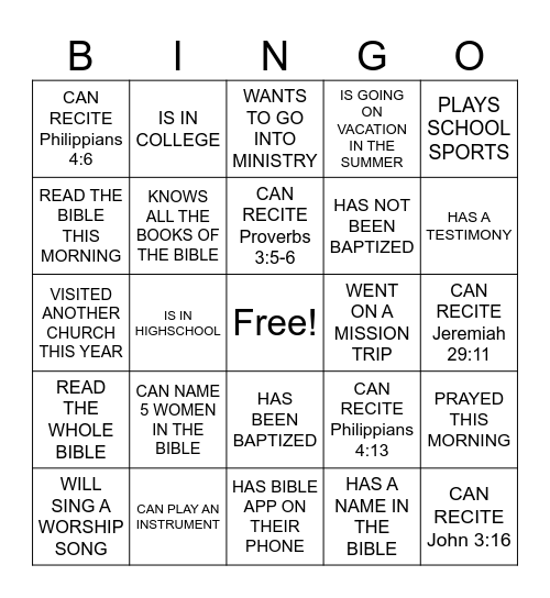 HUMAN BINGO (YOUTH GROUP EDITION) Bingo Card