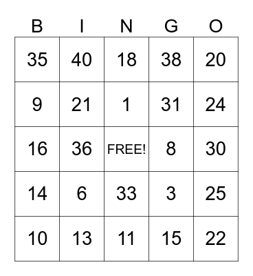 Numbers 1-40 Bingo Card