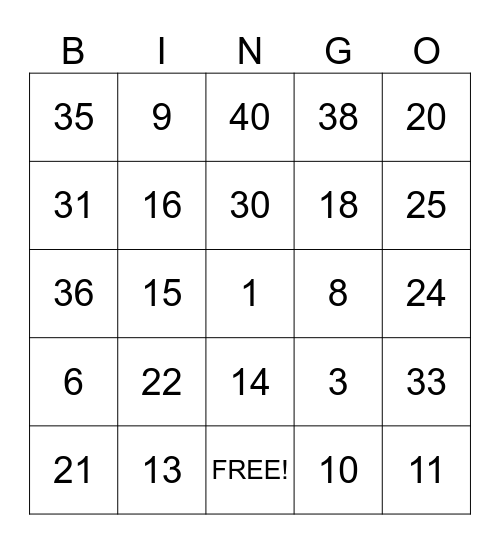 Numbers 1-40 Bingo Card