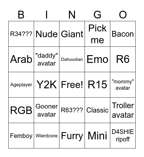 Catalog avatar creator bingo V1 Bingo Card