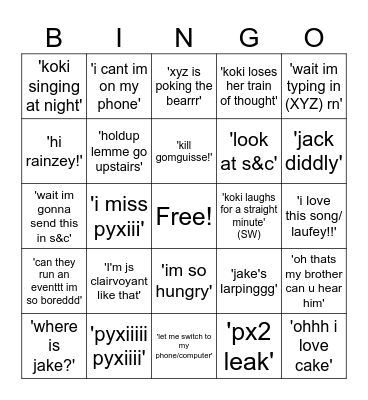 Koki Bingo!!! Bingo Card