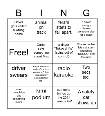 F1 BINGO !! Bingo Card