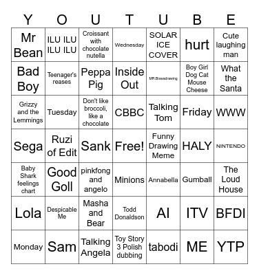 YouTube  Bingo Card