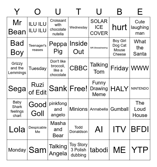 YouTube  Bingo Card