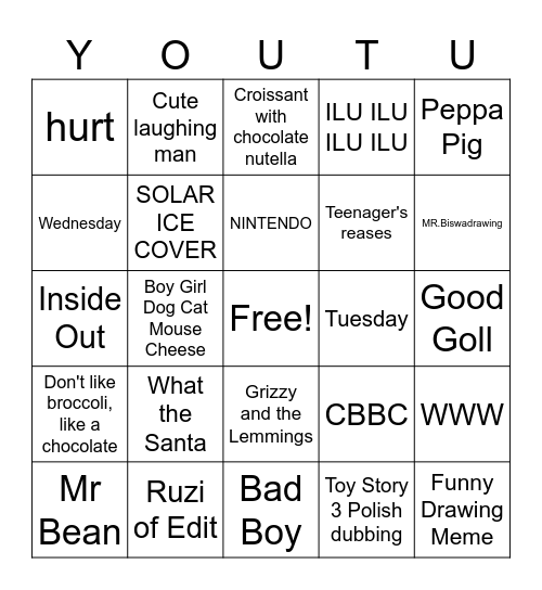 YouTube  Bingo Card