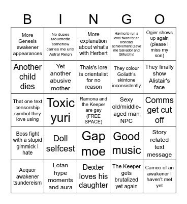Morimens Story Playthrough Bingo Card