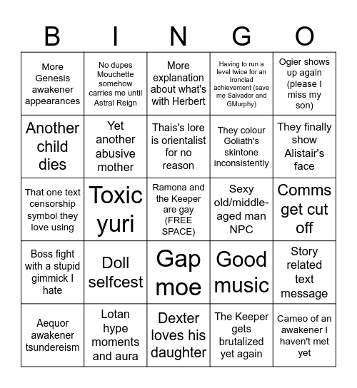 Morimens Story Playthrough Bingo Card