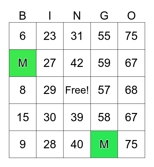 Number Bingo 1-75 Bingo Card