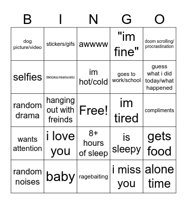 Girlfriend Bingo Card