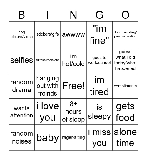 Girlfriend Bingo Card