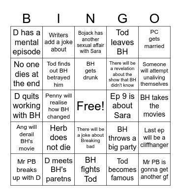 Season 1 Bojack Horseman Bingo Card