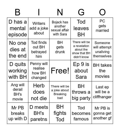 Season 1 Bojack Horseman Bingo Card