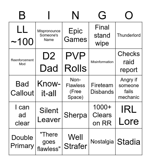 D2 RAID BINGO Card
