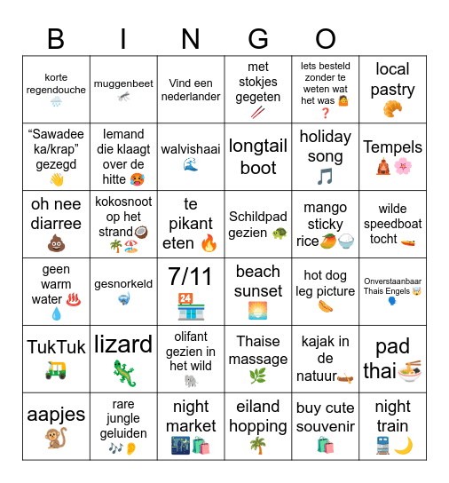 Thailand Bingo Card Bingo Card