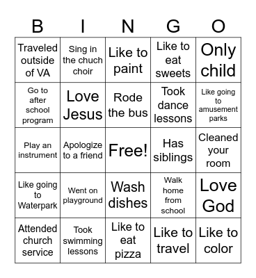Kids Church Bingo Card