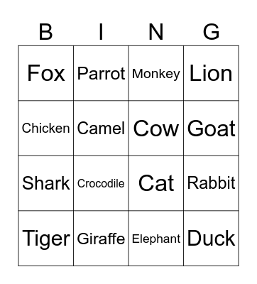Animal Bingo Card