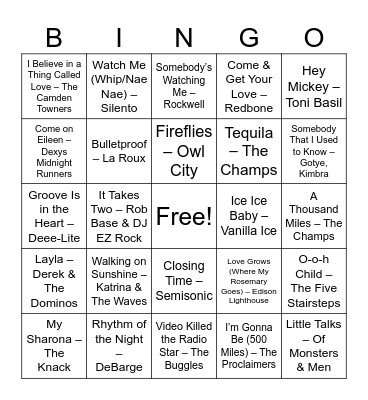 One Hit Wonders Bingo Card