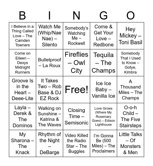 One Hit Wonders Bingo Card