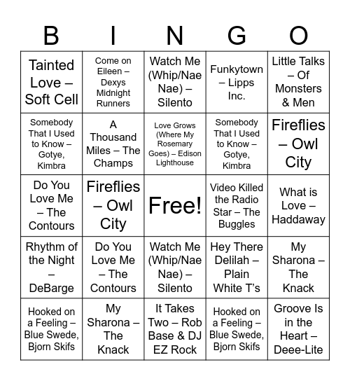 One Hit Wonders Bingo Card
