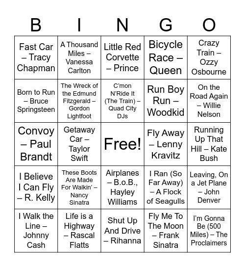 Transportation Bingo Card
