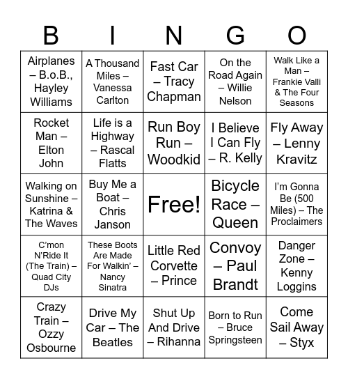 Transportation Bingo Card