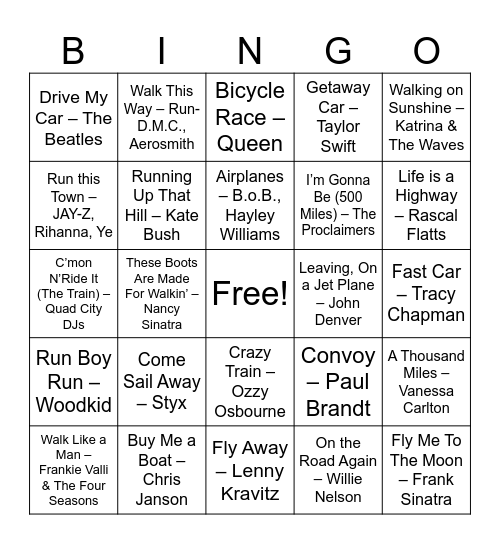 Transportation Bingo Card