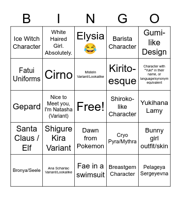 Snezhnaya Character Design Bingo!! Bingo Card