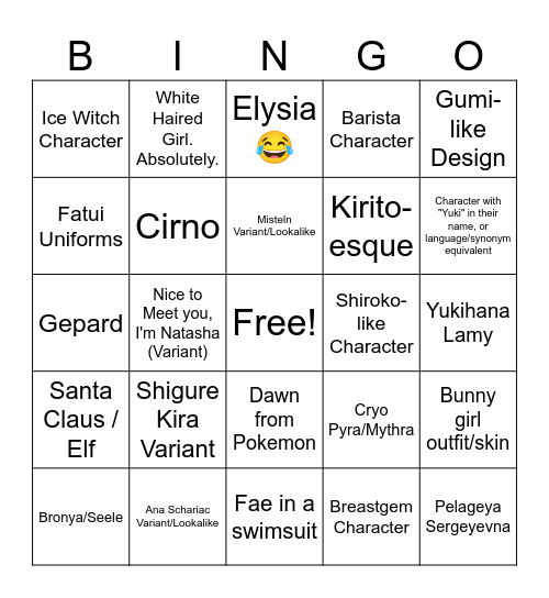 Snezhnaya Character Design Bingo!! Bingo Card