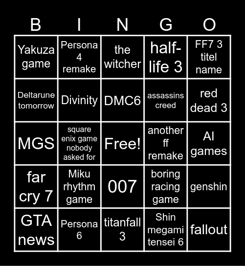 Summer game fest Bingo Card
