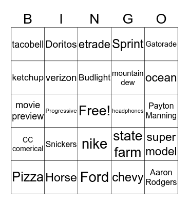 SUPER BOWL COMMERCIAL  Bingo Card