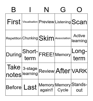 Study Skills Bingo Card