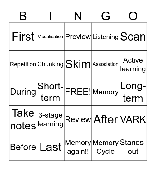 Study Skills Bingo Card