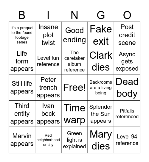 Backrooms Bingo Card