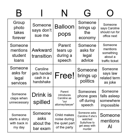 Caroline's Grad Party Bingo Card
