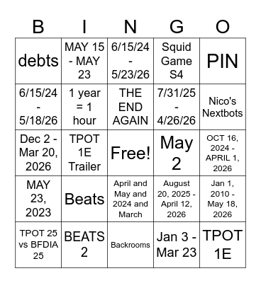 BFDIA 25 status (and 6 shorts) Bingo Card