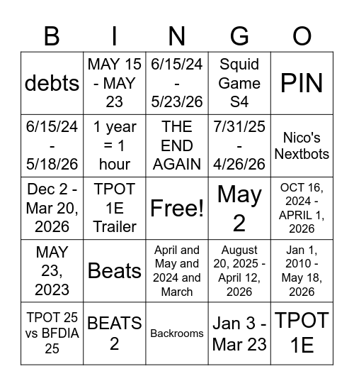 BFDIA 25 status (and 6 shorts) Bingo Card