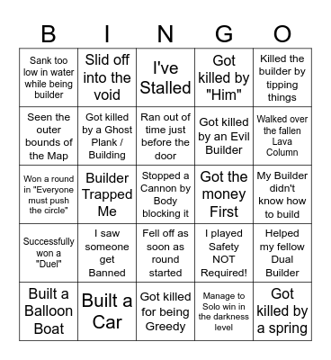 Roblox: Safety NOT Required Bingo Card