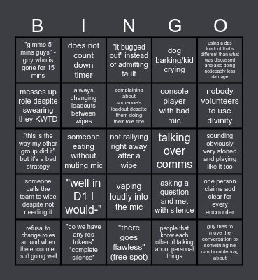 Destiny 2 Raid LFG Bingo Card