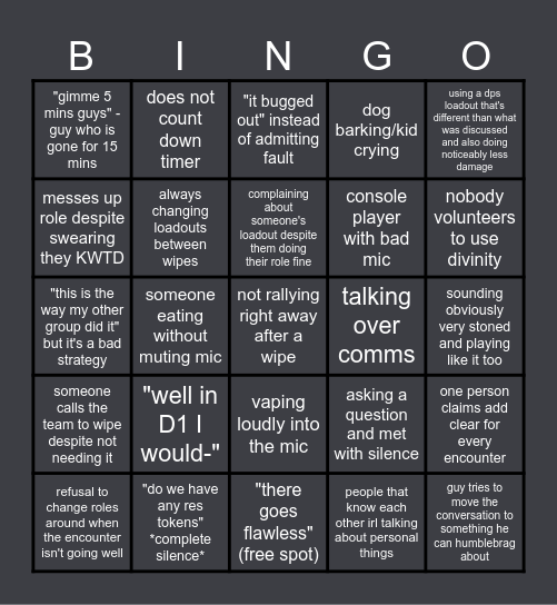 Destiny 2 Raid LFG Bingo Card