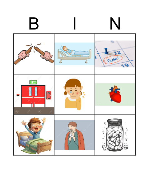 Vocabulary: Accidents and illnesses Bingo Card