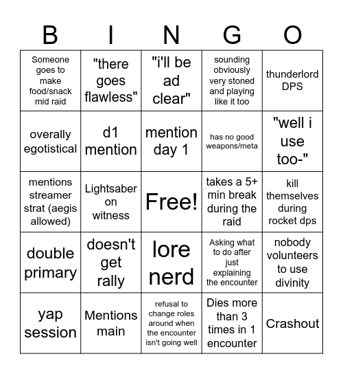 Destiny 2 Lfg Bingo Card