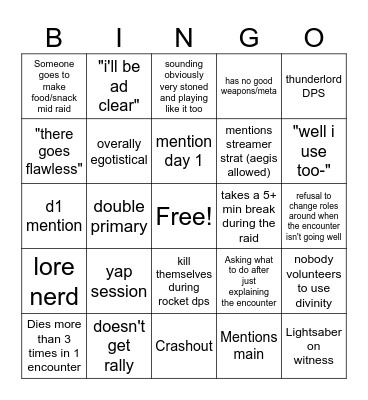 Destiny 2 Lfg Bingo Card