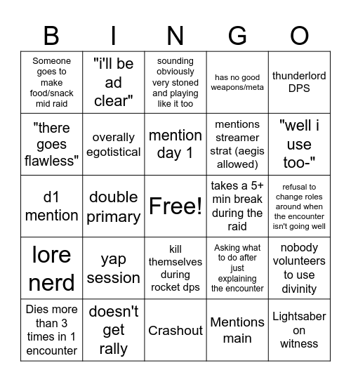 Destiny 2 Lfg Bingo Card