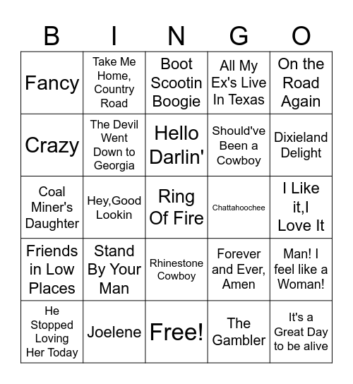 Classic Country Music Bingo Card