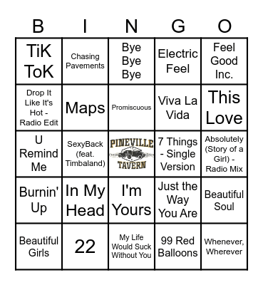 2000's Music Hits Bingo Card