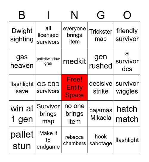 DBD Killer Bingo Card