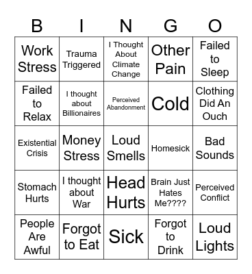 Why Did I Meltdown/Shutdown This Week Bingo Card