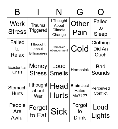 Why Did I Meltdown/Shutdown This Week Bingo Card
